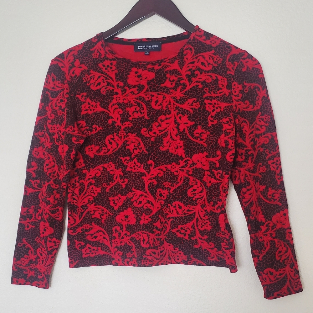 Jones New York Black and Red Patterned Blouse